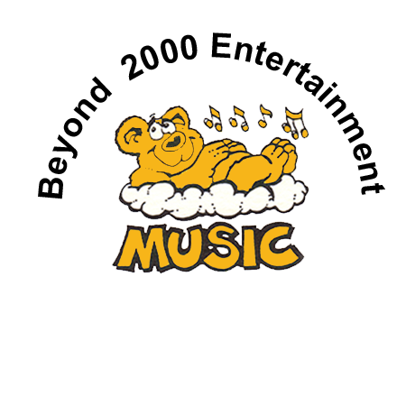Beyond 20000 Entertainment Logo Gold Teddy Bear Floating on a cloud with Beyond 2000 Entertainment written arched above and Music written belw the cloud